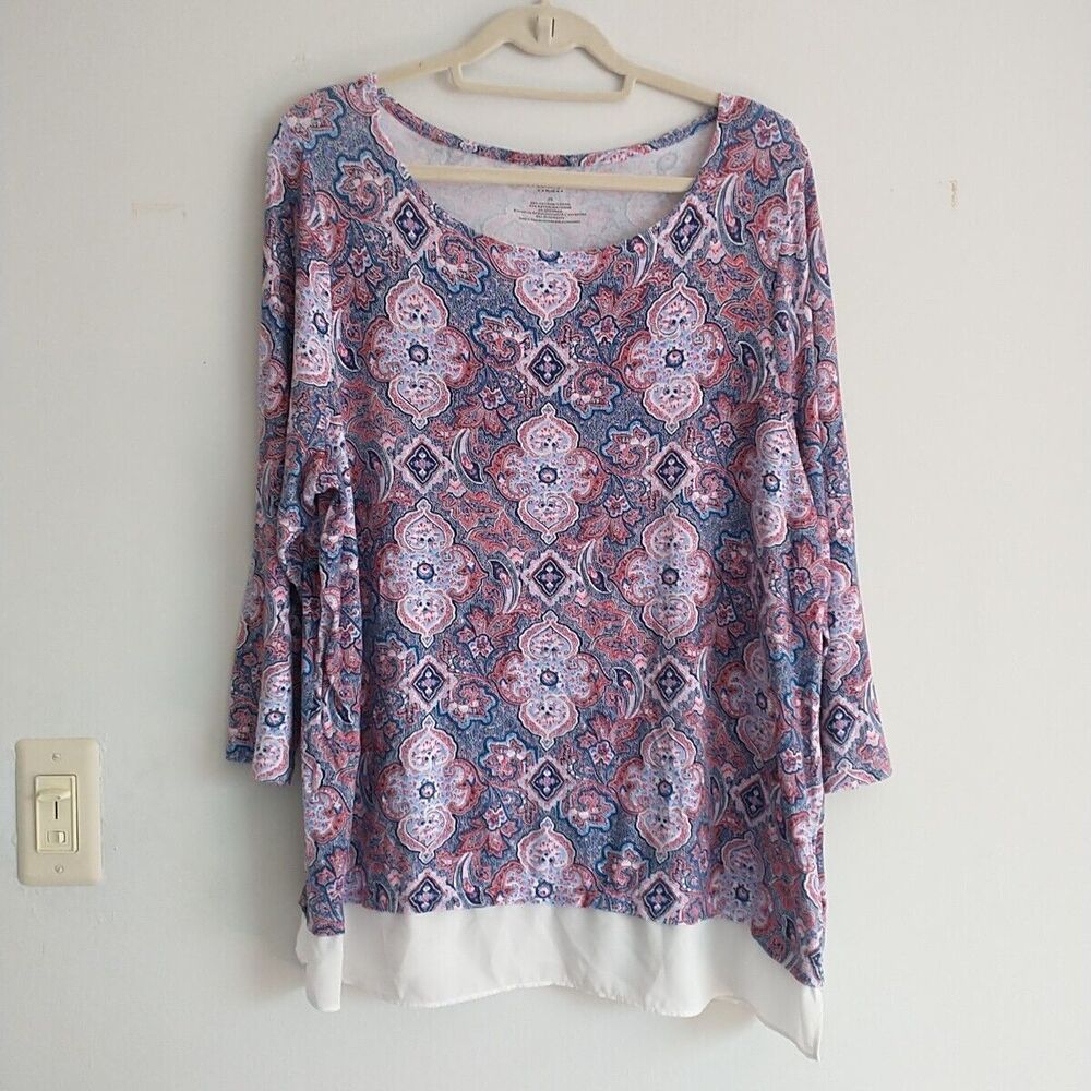 TALBOTS Tunic Top Blouse Women 2X Plus Blue Red Floral Geometr Festival Colorful